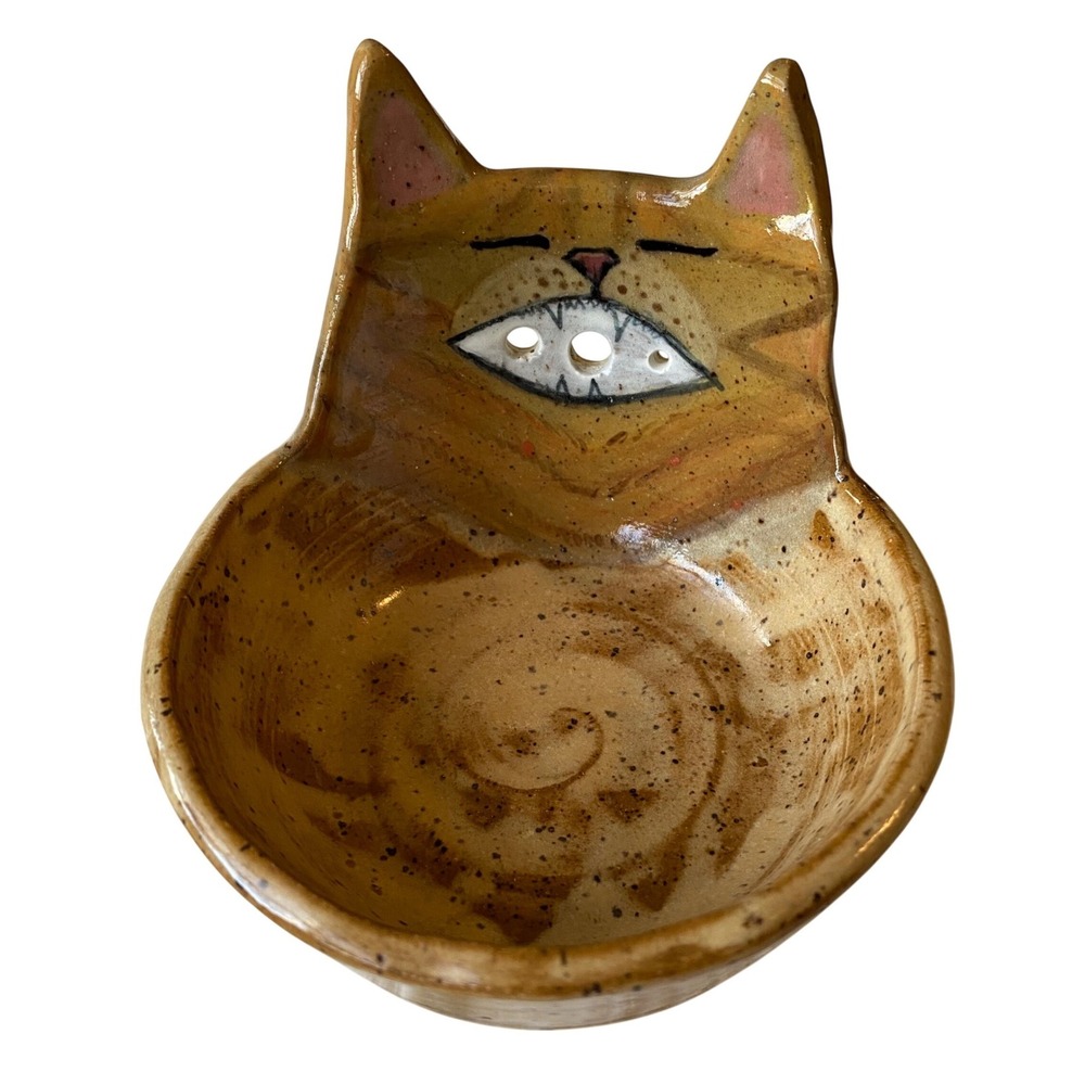 Handmade Ceramic Orange Tabby Cat Trinket Dish Sponge Holder Cat Bowl Pottery